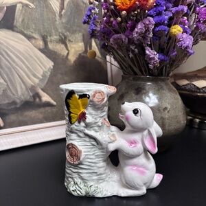 Vintage Ceramic Rabbit Tree Trunk Coin Bank Japan Mid Century Kitsch Bunny